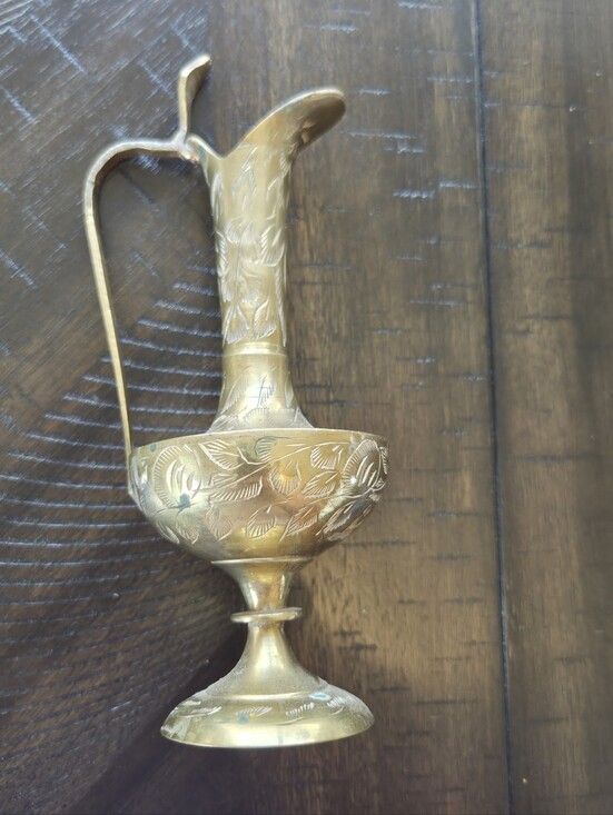 Vintage Brass Other - Vintage Etched Brass Pitcher India - Ornate Floral Footed Ewer Vase